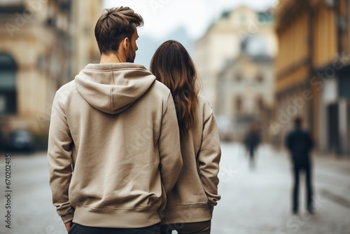 Man and woman wearing blank beige hoodie