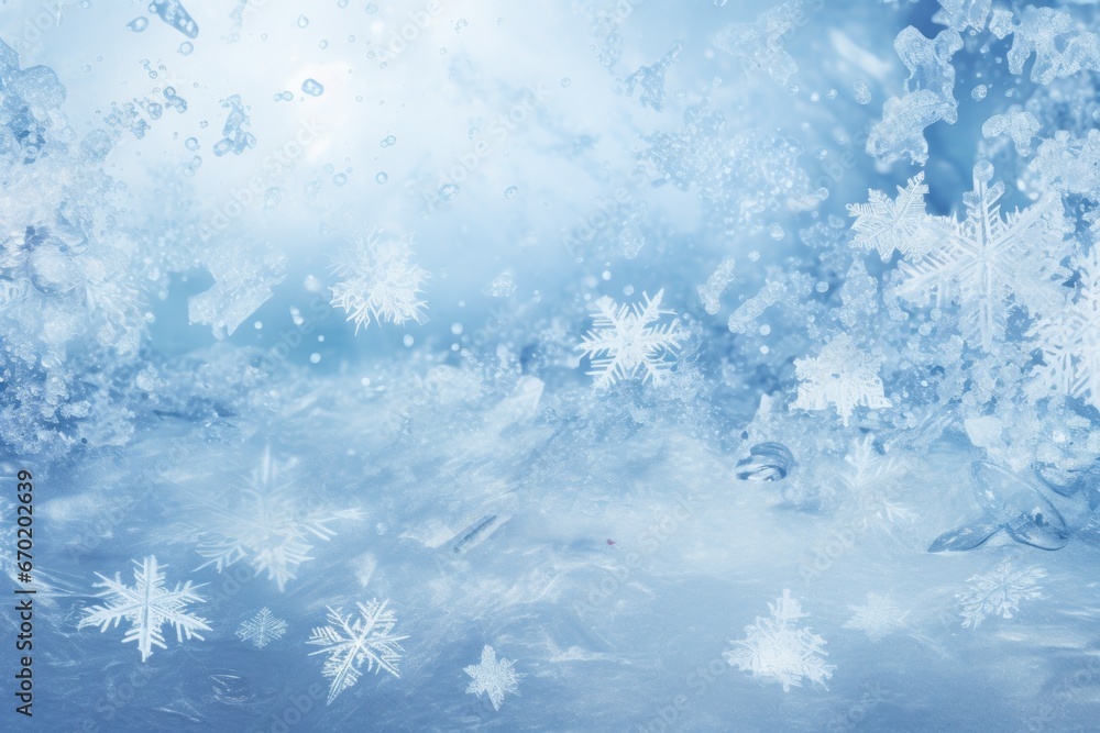 Obraz premium Snow flakes falling from the sky on a sunny day. This image captures the unique combination of snowfall and sunlight. It can be used to depict the beauty of winter or the contrast between seasons.
