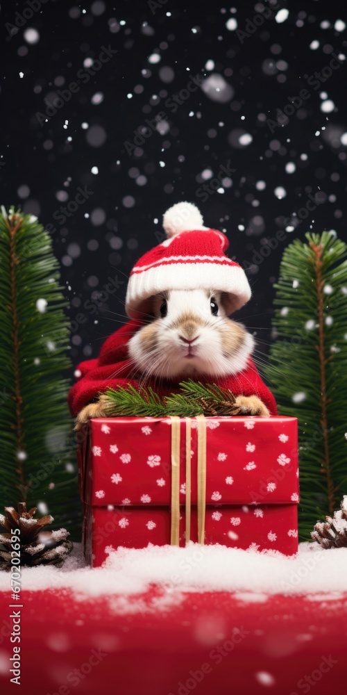 A cute guinea pig wearing a Santa hat and holding a Christmas present. Perfect for holiday-themed designs and festive greetings.