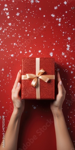 A person holding a red box with a gold ribbon. This image can be used for gift giving, celebrations, or special occasions.