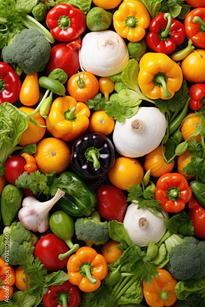 A diverse assortment of fresh vegetables stacked in a large pile. This image can be used to showcase the abundance and variety of vegetables, as well as promote healthy eating and cooking. A diverse assortment of fresh vegetables stacked in a large pile. This image can be used to showcase the abundance and variety of vegetables, as well as promote healthy eating and cooking.