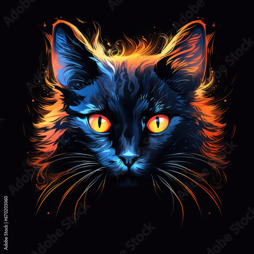 Neon black cat design on black isolated background