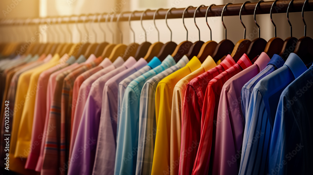 Row of colorful shirts hanging on rack in front of window.