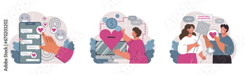 Charity and charitable foundation set. Help for people in need. Humanitarian aid, donations, volunteers or Non-governmental, nonprofit organizations support. Flat vector illustration