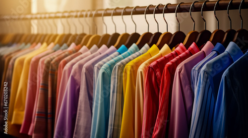 Row of colorful shirts hanging on rack in front of window.