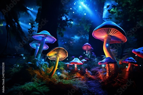 Vibrant mushrooms in a lush green field with glowing lights and colorful projections, enhanced by bright saturated colors. Generative AI