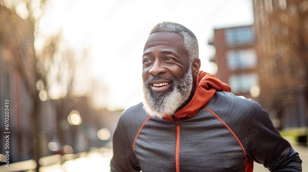 Senior African American man is jogging outside Senior African American man is jogging outside