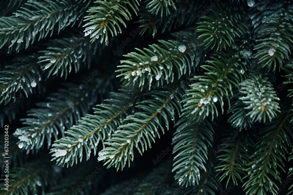 Green tree brunches in snow background