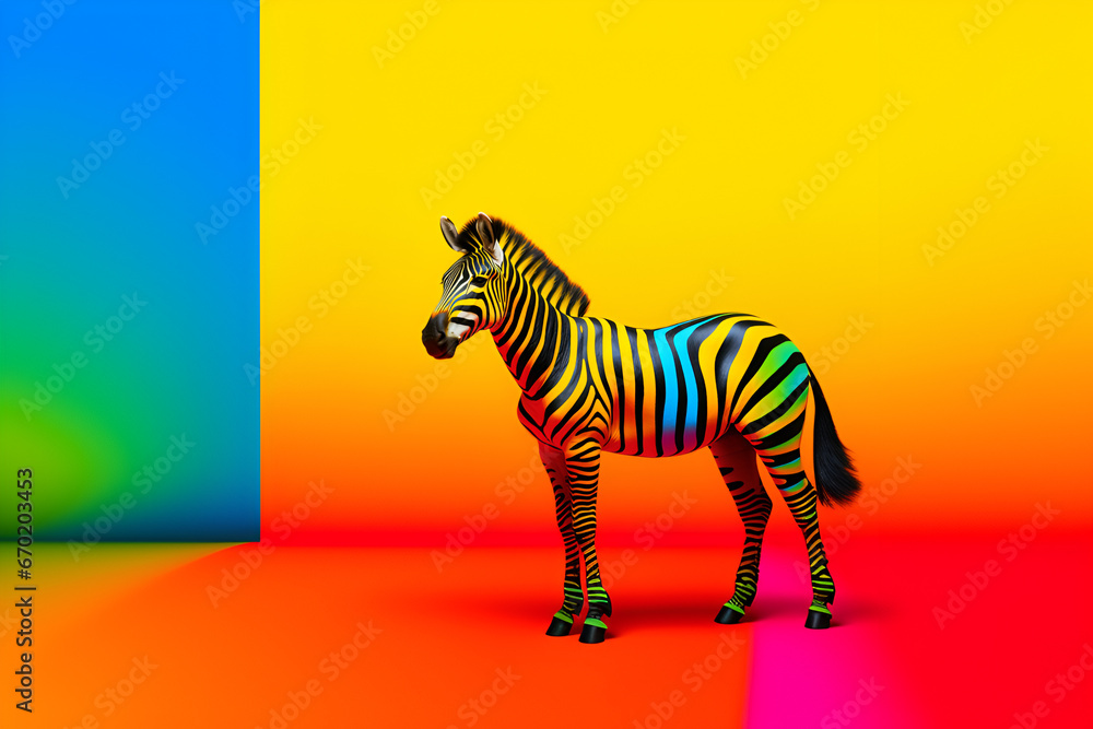 Fototapeta premium Colorful zebra painted in the colors of the rainbow on vibrance background.