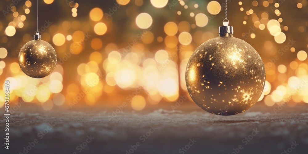 Three shiny Christmas ornaments hanging from strings. This image can be used for holiday decorations or festive-themed designs. Three shiny Christmas ornaments hanging from strings. This image can be used for holiday decorations or festive-themed designs.