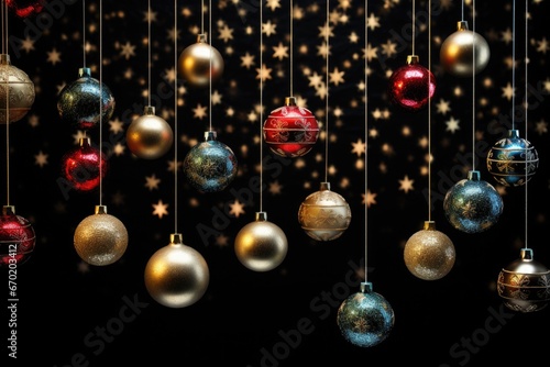 A collection of Christmas ornaments hanging from strings. Can be used to add festive decorations to any holiday-themed project.