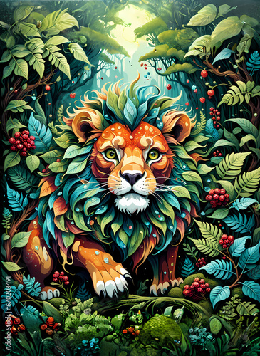 A lion is covered in leaves and comes towards us in the jungle  colorful