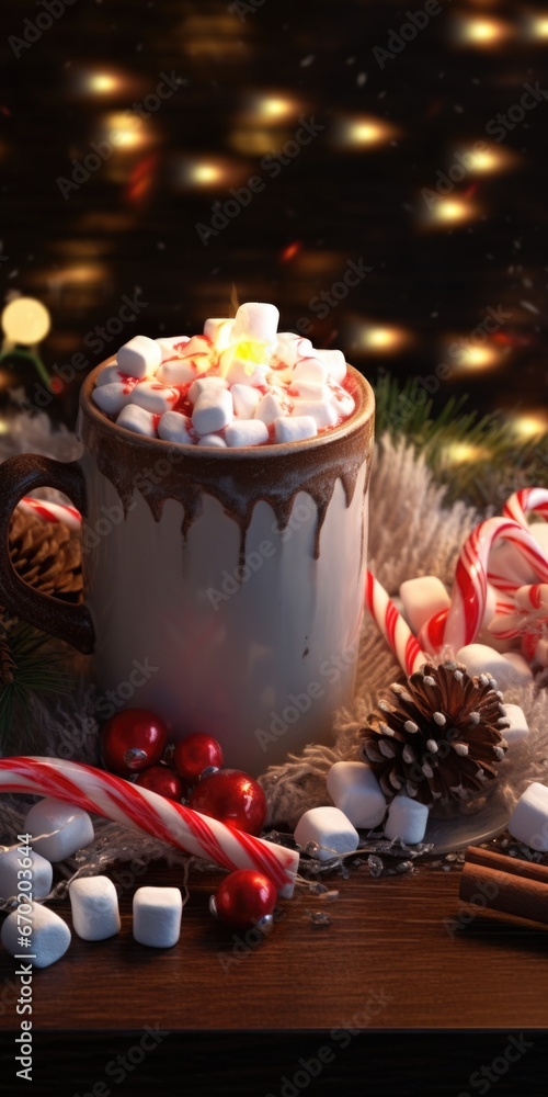 A warm cup of hot chocolate topped with fluffy marshmallows and adorned with candy canes. Perfect for cozy winter evenings or holiday-themed projects.