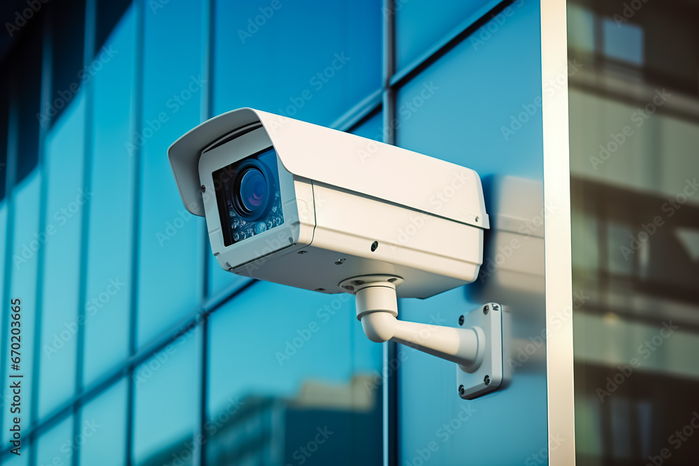 Security camera mounted on the side of white wall with building, close up. Security camera mounted on the side of white wall with building, close up.