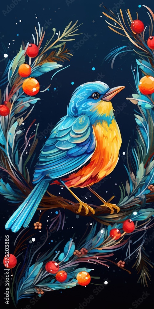 A vibrant bird perched on a branch surrounded by berries. This image can be used to add a pop of color and nature to any design or project.