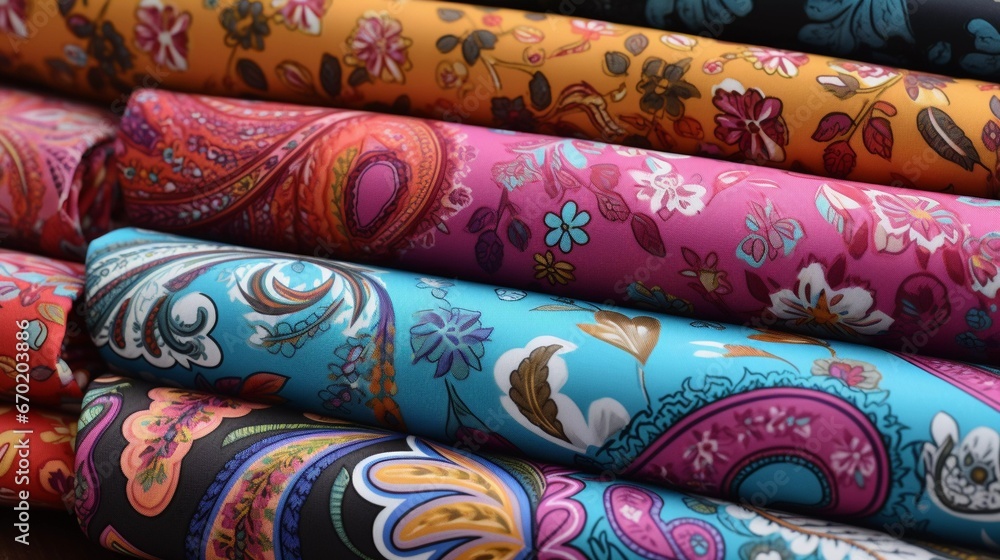 Stacks of Bright, Patterned Fabrics Ready for Creative Use
