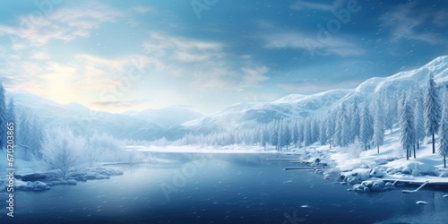 A serene frozen lake surrounded by snow-covered trees. Perfect for winter-themed designs and holiday promotions.