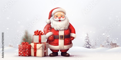 Santa Claus standing next to a pile of presents. Perfect for holiday-themed designs and Christmas promotions.