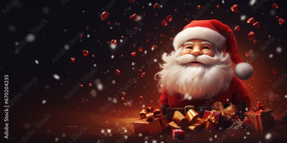Santa Claus sitting on top of a pile of presents. Perfect for Christmas-themed designs and holiday promotions.