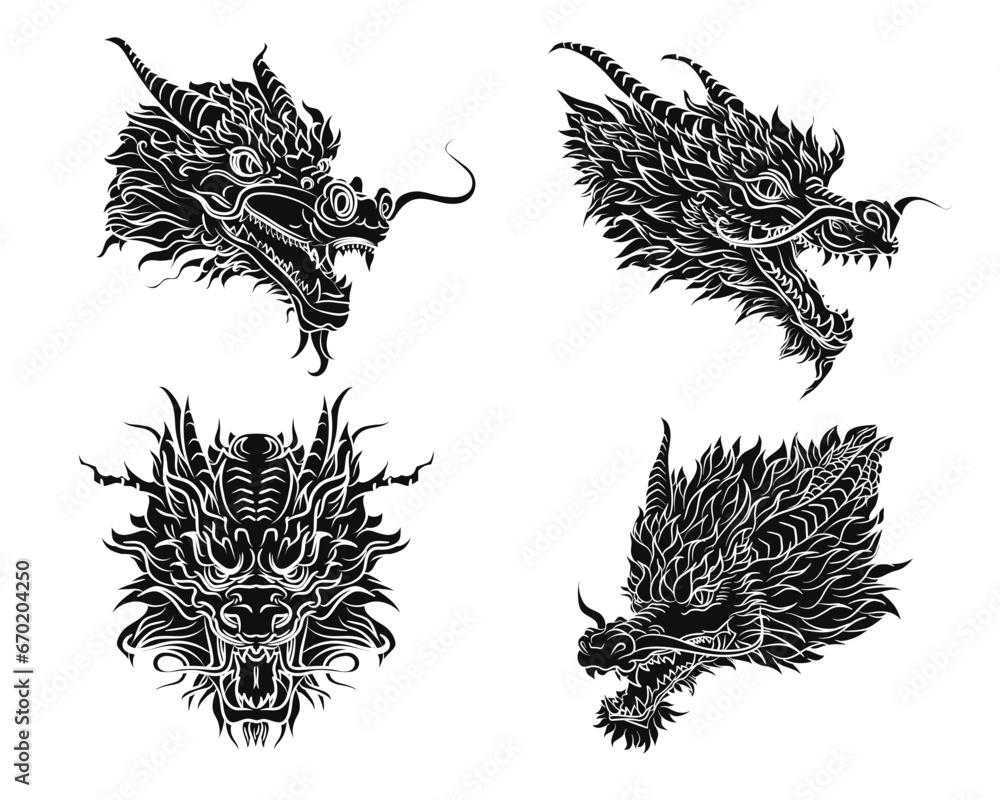 Obraz premium Set of black solid traditional Chinese or Japanese dragon head in hand drawn style isolated on white background. Mythology Asian animal or monster, devil. Ink oriental dragon for t-shirt or tattoo 