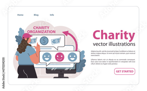 Online charity and charitable foundation web banner or landing page. Web service to help people in need. Humanitarian aid, donations, volunteering support. Flat vector illustration
