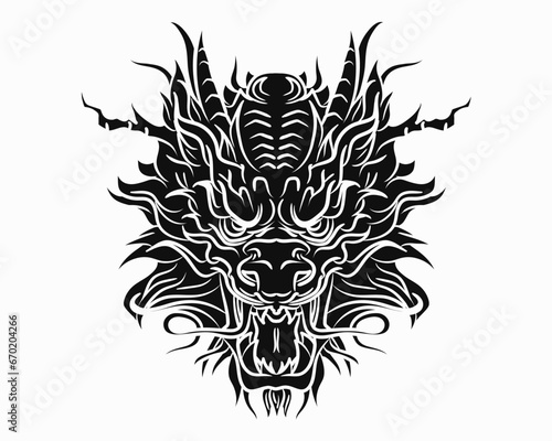 Black solid traditional Chinese or Japanese dragon head in hand drawn style isolated on white background. Mythology Asian animal or monster, devil. Ink oriental dragon for t-shirt prints or tattoo  © Qeeraw