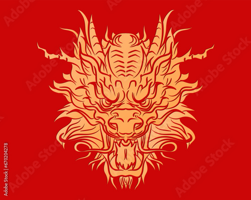 Bright luxury poster with traditional golden Chinese dragon head on red background. Mythology animal in Asian style. Solid ink gold dragon tattoo