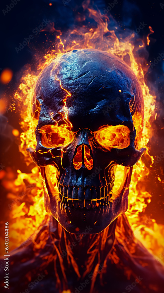 Skull with glowing eyes and flame in its mouth.