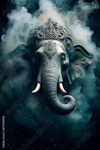 A hindu god Ganesha. Incense smoke. Generative AI