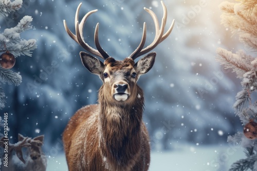 A beautiful deer stands gracefully in a snowy forest. This image captures the serene beauty of nature. Perfect for winter-themed designs and wildlife enthusiasts. © Fotograf