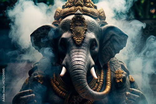 A hindu god Ganesha. Incense smoke. Generative AI