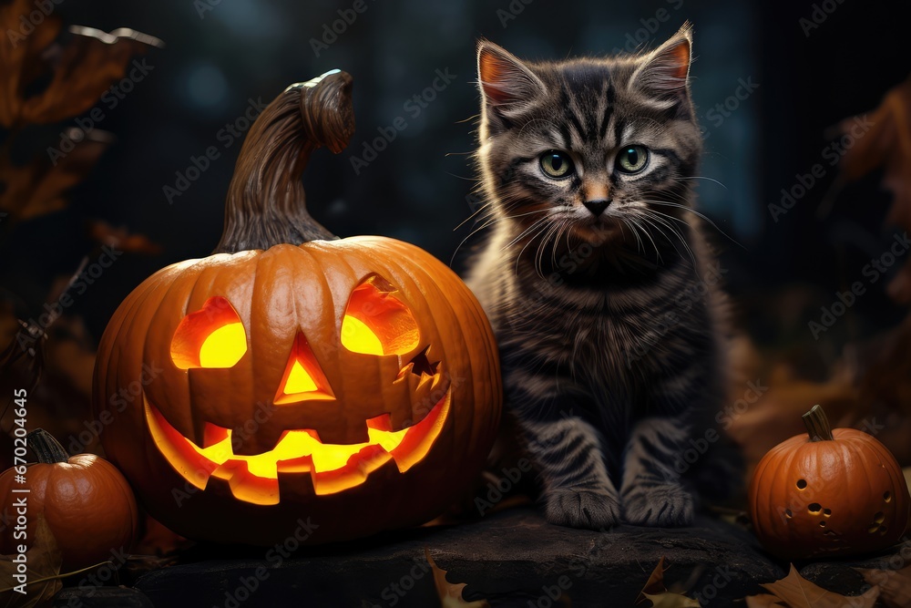 Halloween cat with pumpkin - generative ai Halloween cat with pumpkin - generative ai