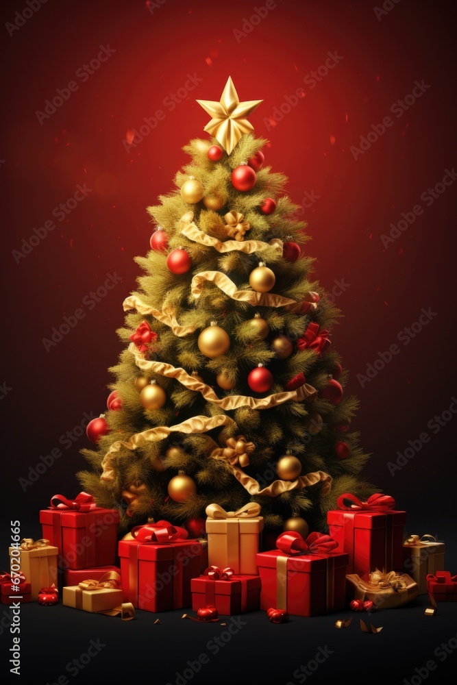 A festive Christmas tree surrounded by beautifully wrapped presents. Perfect for holiday-themed designs and advertisements.