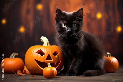 Halloween cat with pumpkin - generative ai