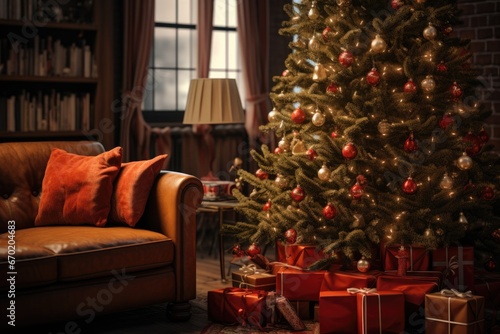A festive living room with a beautifully decorated Christmas tree and presents underneath. Perfect for holiday-themed projects and advertisements.