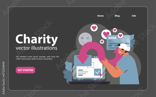 Online charity and charitable foundation night mode or dark mode web banner or landing page. Web service to help people in need. Humanitarian aid, donations support. Flat vector illustration