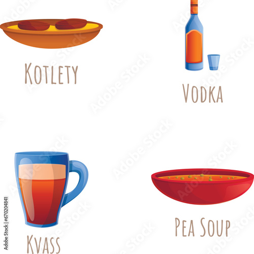 Russian cuisine icons set cartoon vector. Traditional dish and drink. Russian food