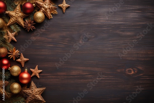 A wooden table adorned with festive Christmas decorations and shining stars. Perfect for adding a touch of holiday cheer to any space.