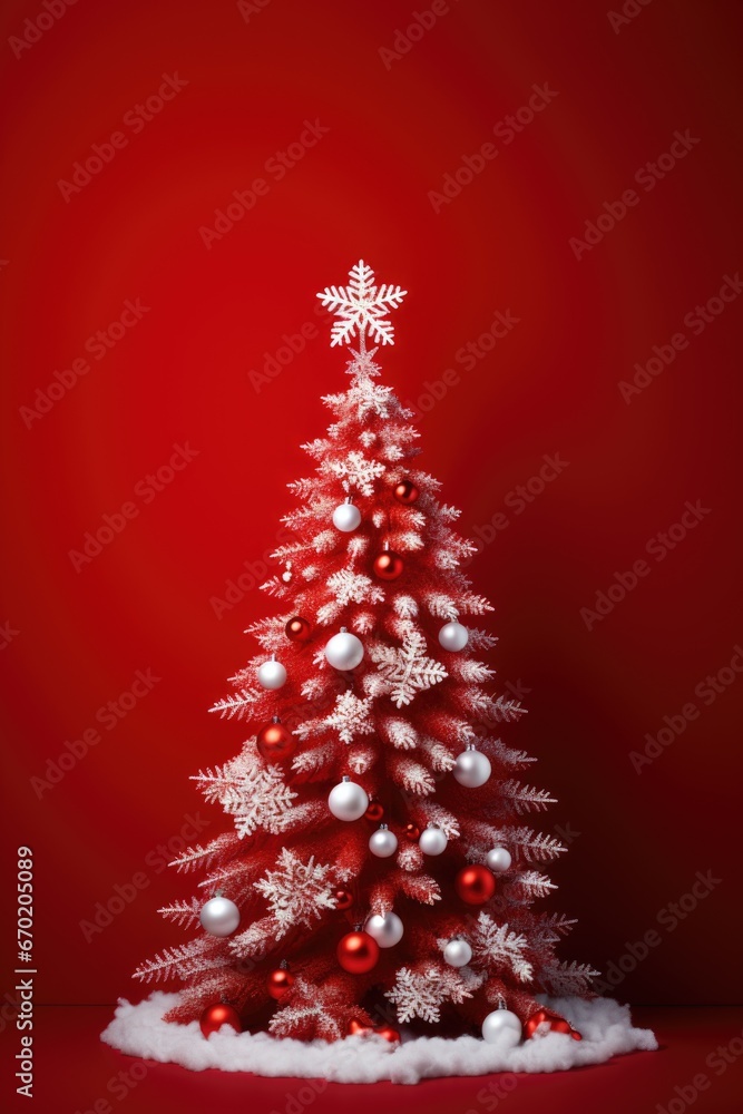 A festive red and white Christmas tree adorned with snowflakes. Perfect for holiday decorations and greeting cards A festive red and white Christmas tree adorned with snowflakes. Perfect for holiday decorations and greeting cards