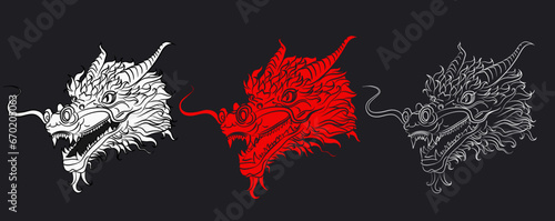 Black and white ink, red solid and sketchy outline dragon heads in asian style. Chinese dragon as 2024 Lunar New year symbol. Dragon tattoo concept