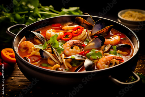 Spicy Asian tom yum soup with shrimp, squid, mussels and vegetables. Asian cuisine. Delicious and healthy food. Photo for the menu.