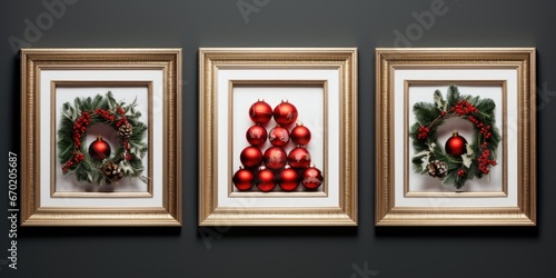 Fototapeta Naklejka Na Ścianę i Meble -  A collection of three framed pictures showcasing festive Christmas decorations. Perfect for adding a touch of holiday cheer to any space.