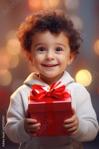 A young boy holds a vibrant red gift box. This image can be used to depict joy, surprise, or the act of giving and receiving presents
