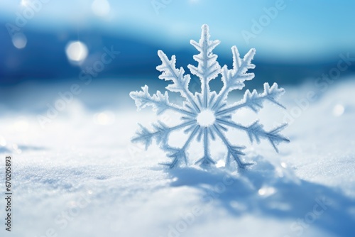 A snowflake delicately resting on top of a snowy ground. Perfect for winter-themed designs and holiday projects