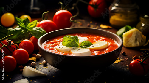 Summer cold tomato vegetable soup Gazpacho with mozzarella cheese on the black table. Vegetarian cuisine.