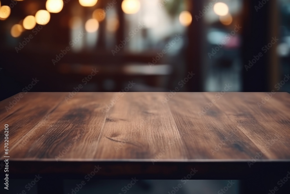 A simple wooden table with soft ambient lights in the background. Perfect for adding a warm and cozy touch to any setting