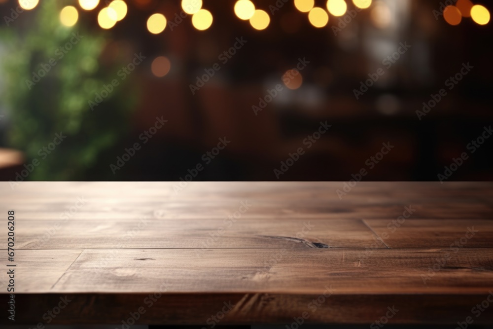 A simple wooden table with beautiful lights in the background. Perfect for adding a cozy and warm ambiance to any setting