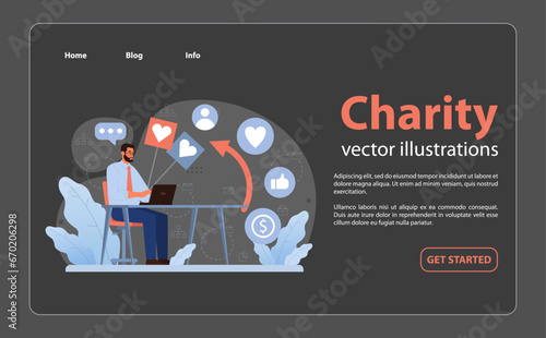Online charity and charitable foundation night mode or dark mode web banner or landing page. Web service to help people in need. Humanitarian aid, donations support. Flat vector illustration