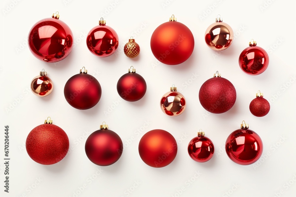 Red baubles, Christmas tree decorations, design elements isolated on white. Generative AI Red baubles, Christmas tree decorations, design elements isolated on white. Generative AI