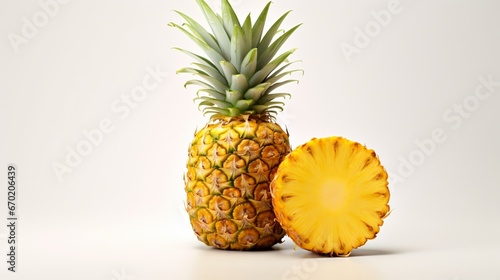 A vibrant, 3D-rendered image showcases a whole ripe pineapple with a perfect slice cut beside it. The rich, golden hue of the pineapple contrasts beautifully against the spotless white backdrop.